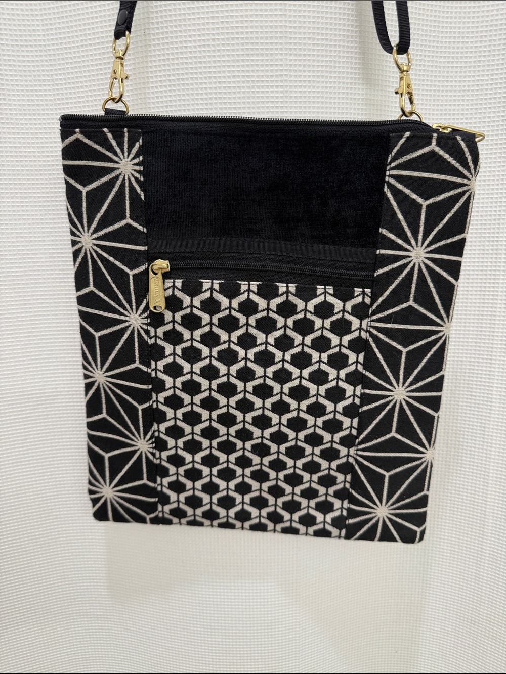 Danny K. Tapestry Black and White Geometric Crossbody Bag